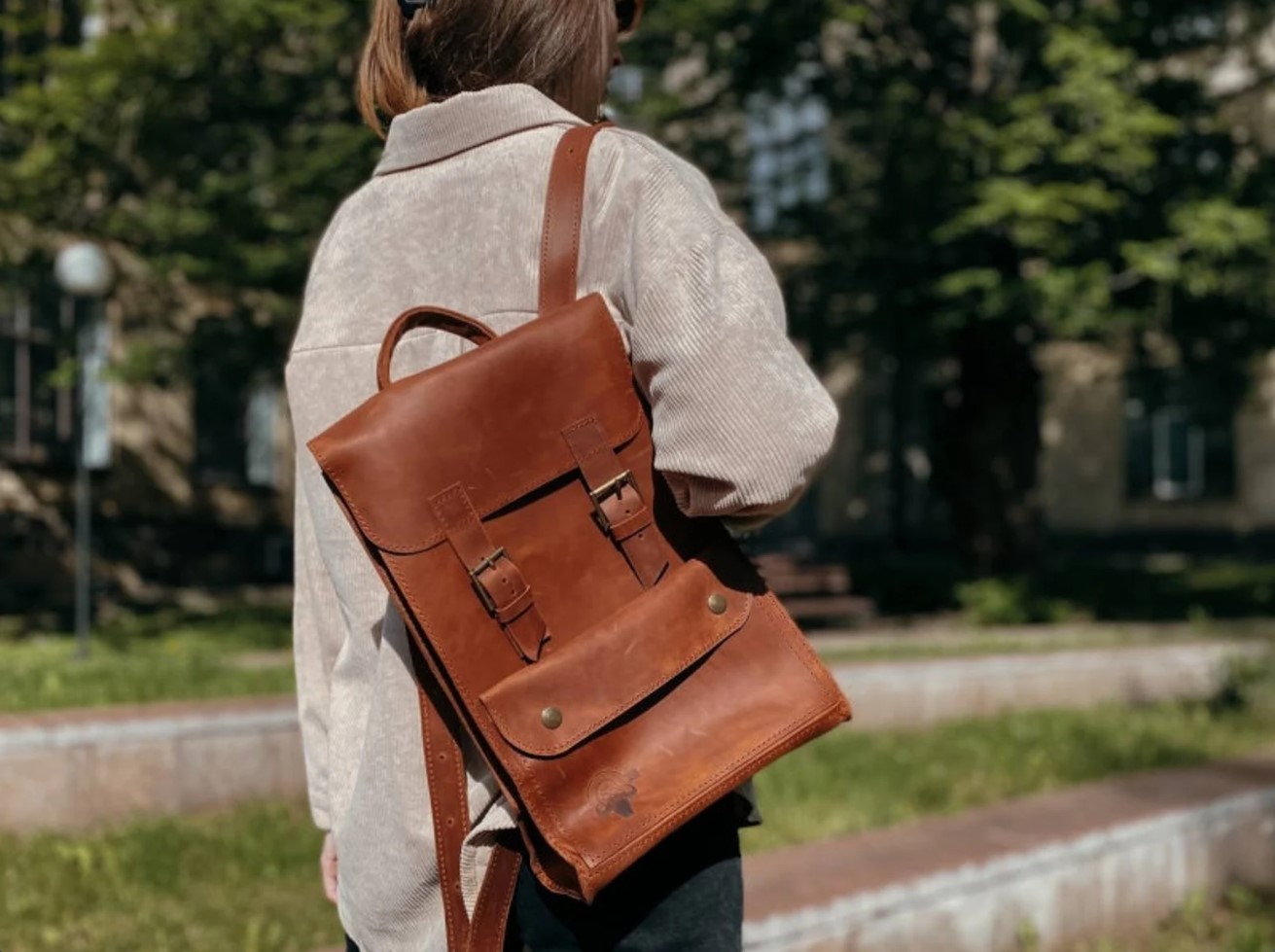 brown leather backpack